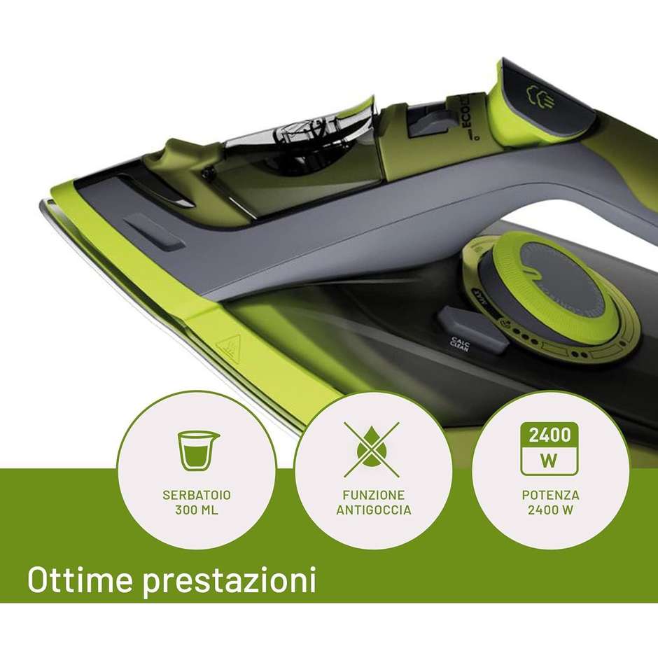 Imetec Eco Perfect 9017 Ferro da Stiro a Vapore 2400 W Tecnologia Risparmio Energetico Piastra Pro Ceramic Verde