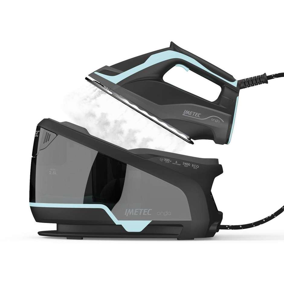 Imetec Onda P1 9028 Sistema Stirante Compatto con Piastra a Onde Serbatoio 2,5 L 2400 W Nero e Turchese
