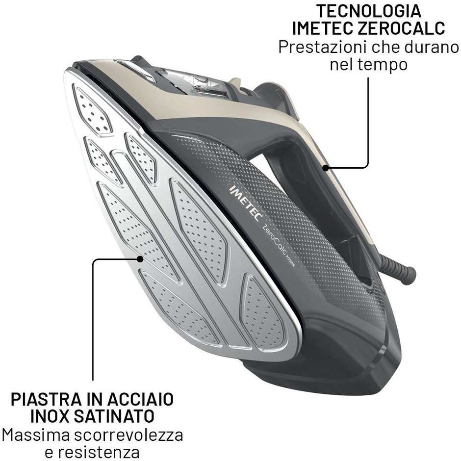 Imetec ZeroCalc Power Ferro da Stiro a Vapore 2600W Piastra Acciaio Nero/Sabbia