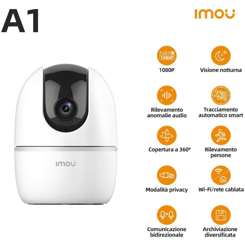Imou A1 2Mp Telecamera motorizzata con sirena audio bidirezionale visione notturna rilevamento persone Colore Bianco