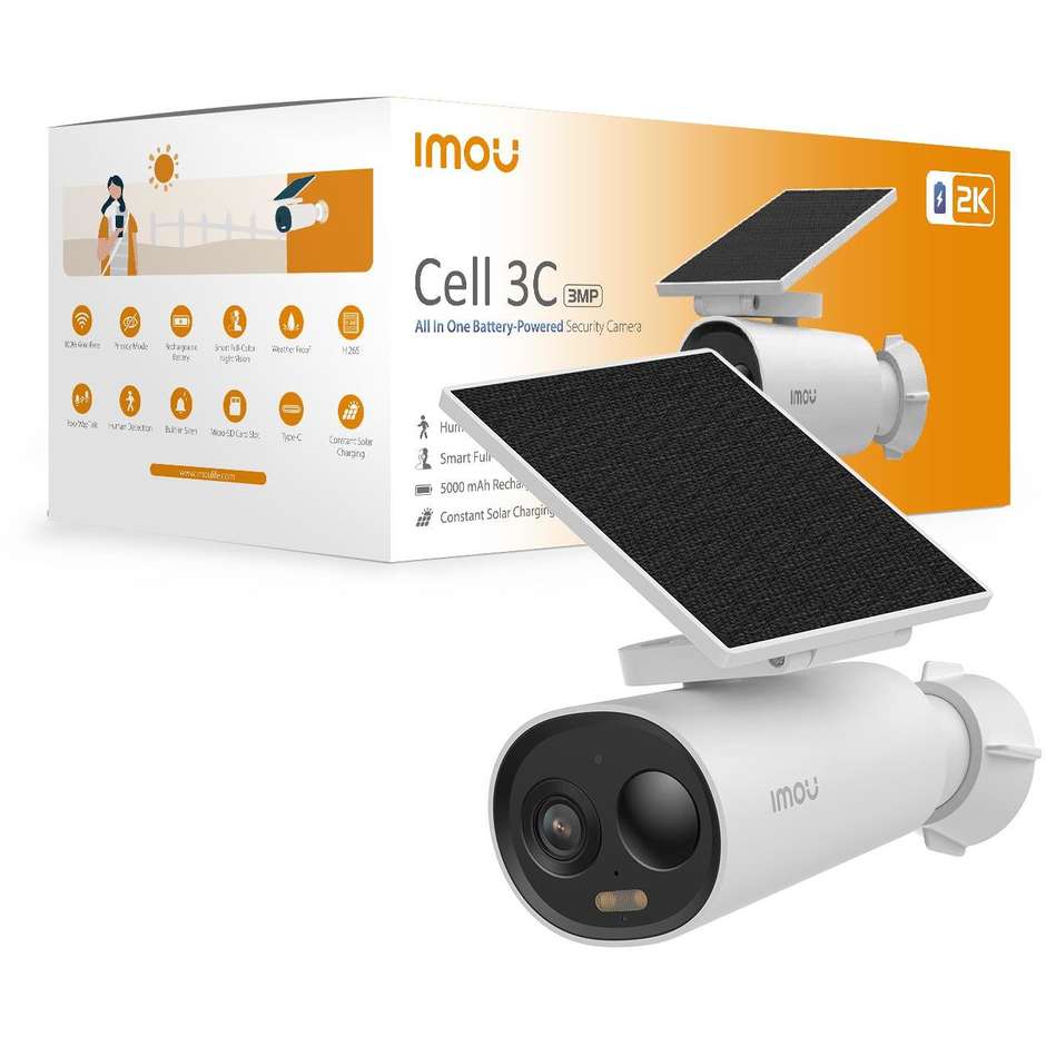 Imou CELL 3C AIO Telecamera IP da Esterno 2K 3MP con Pannello Solare Wi-Fi IP66 Bianco