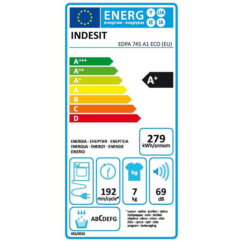 Indesit EDPA 745 A1 ECO (EU) asciugatrice a pompa di calore 7 Kg classe A+ bianco