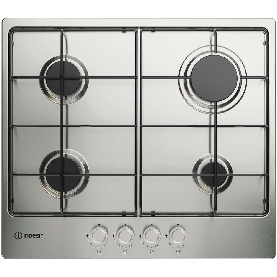 Indesit THP 642 IX/I 1 Piano Cottura a Gas 60 cm 4 Fuochi Comandi Laterali Inox Griglie Smaltate