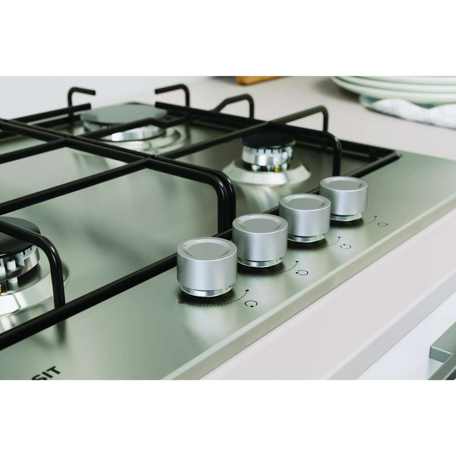 INDESIT THP 642 IX/I 1 Piano Cottura a Gas 60 cm 4 Fuochi Griglie in Ghisa Acciaio Inox