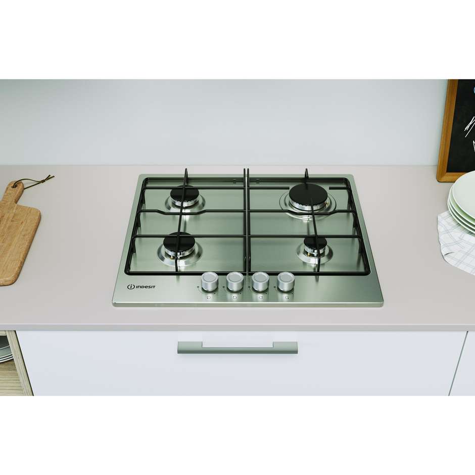 INDESIT THP 642 IX/I 1 Piano Cottura a Gas 60 cm 4 Fuochi Griglie in Ghisa Acciaio Inox