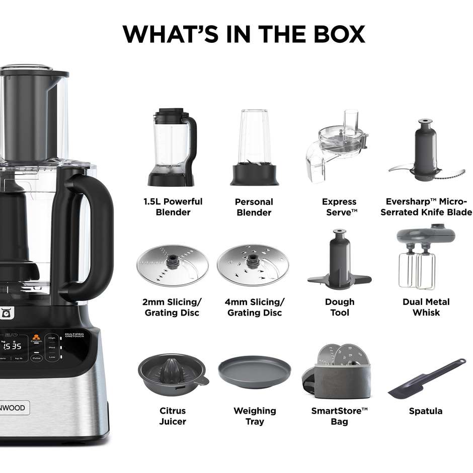 Kenwood FDM73.850SS Robot da Cucina Multifunzione 1000W, Ciotola 3L, 8 Velocità, Grigio