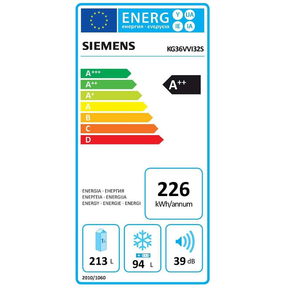 KG36VVI32S Siemens frigorifero combinato classe A++ 307 litri statico ventilato inox