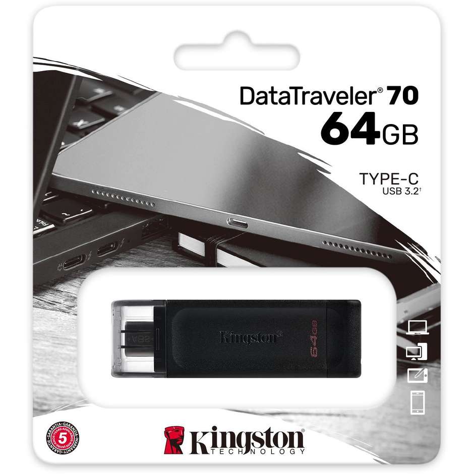 Kingston DataTraveler 70 Pennetta USB Capacità 64 Gb USB 3.1 C colore nero
