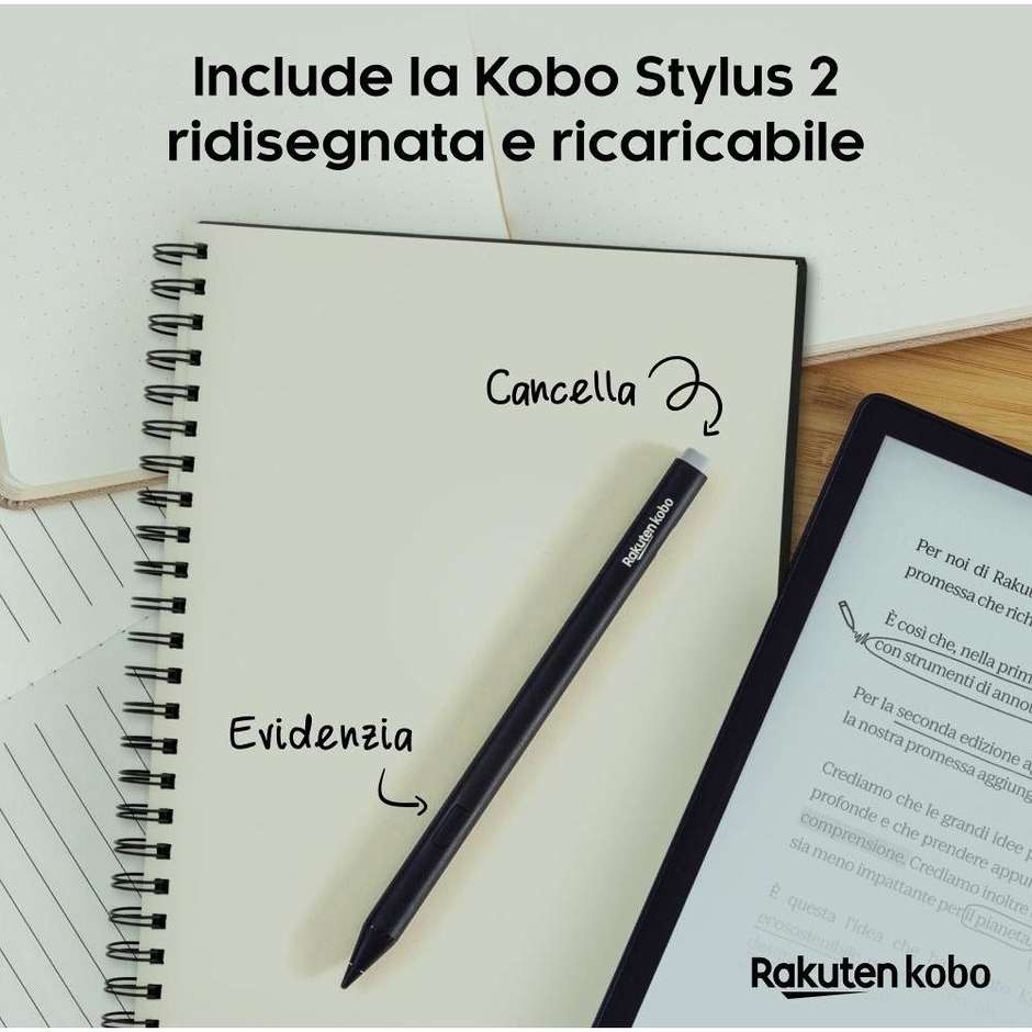 Kobo Elipsa 2E E-Reader & Notebook 10,3" E-Ink Carta 1200 Touchscreen Memoria 32 GB con Kobo Stylus 2 Wi-Fi Nero