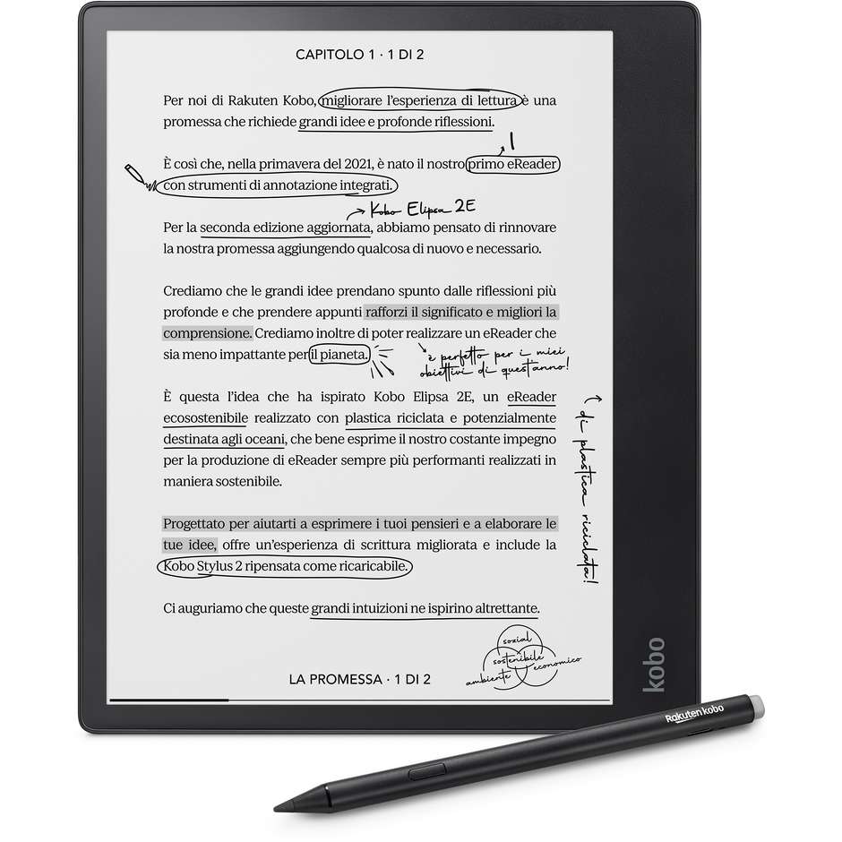 Kobo Elipsa 2E E-Reader & Notebook 10,3" E-Ink Carta 1200 Touchscreen Memoria 32 GB con Kobo Stylus 2 Wi-Fi Nero