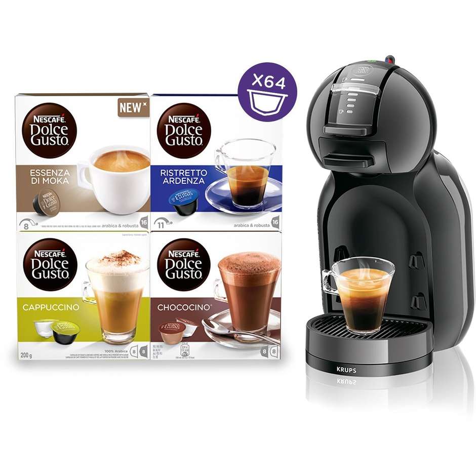 Krups KP1208KV Mini Me macchina del caffè in capsule colore nero + 64 capsule Nescafè Dolce Gusto