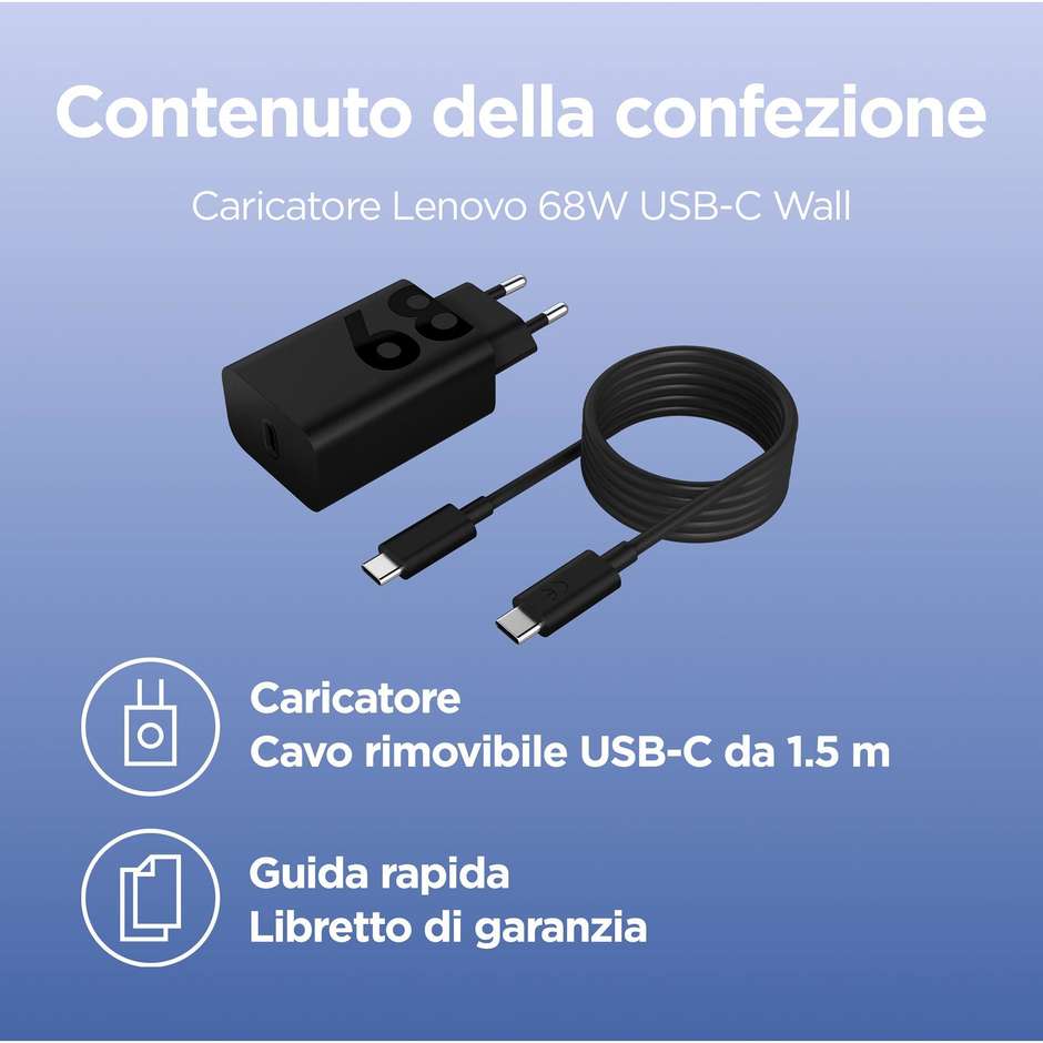 Lenovo Caricatore da Parete USB-C GaN 68W con Cavo 1,5 m Nero