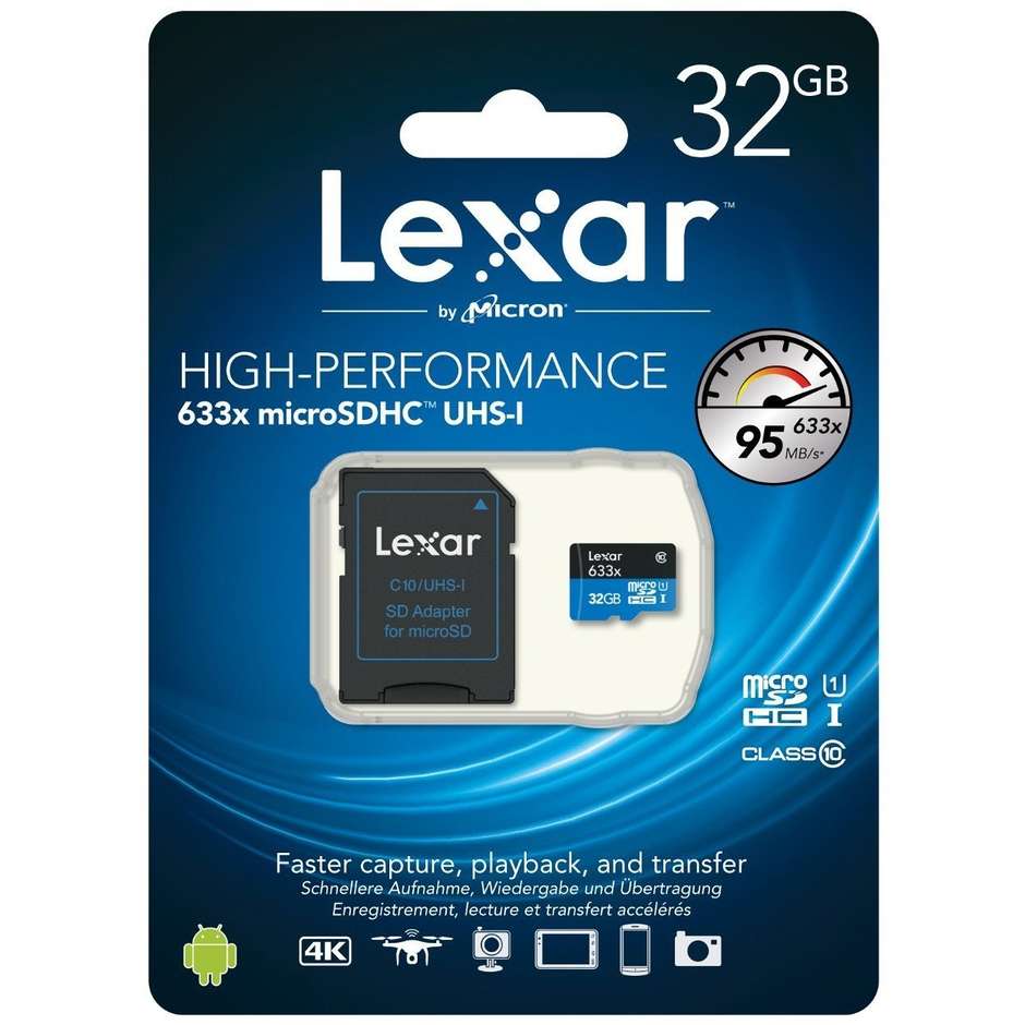 Lexar High-Perfomance 633x Memory Micro SDHC 32 Gb Classe 10 + adattatore