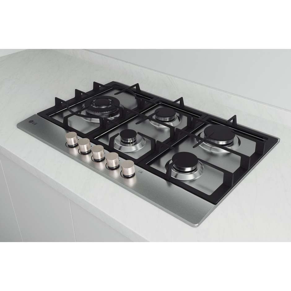 LG CBGZ3016S Piano Cottura a Gas 75 cm 5 Fuochi con Bruciatore Dual Wok Inox Griglie Ghisa Lavabili