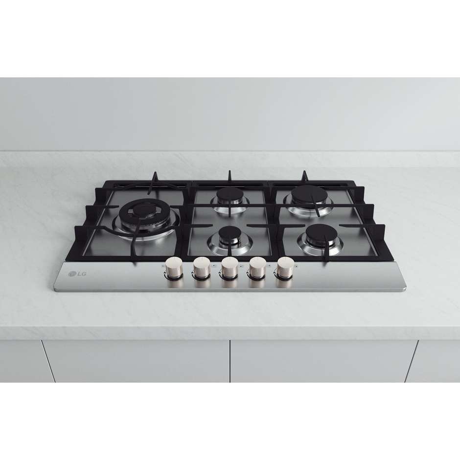 LG CBGZ3016S Piano Cottura a Gas 75 cm 5 Fuochi con Bruciatore Dual Wok Inox Griglie Ghisa Lavabili