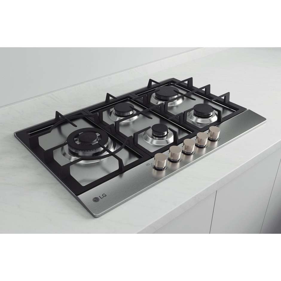 LG CBGZ3016S Piano Cottura a Gas 75 cm 5 Fuochi con Bruciatore Dual Wok Inox Griglie Ghisa Lavabili