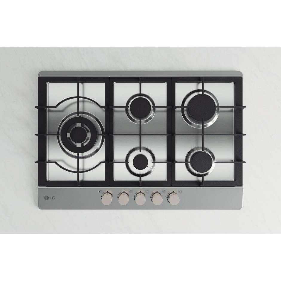 LG CBGZ3016S Piano Cottura a Gas 75 cm 5 Fuochi con Bruciatore Dual Wok Inox Griglie Ghisa Lavabili
