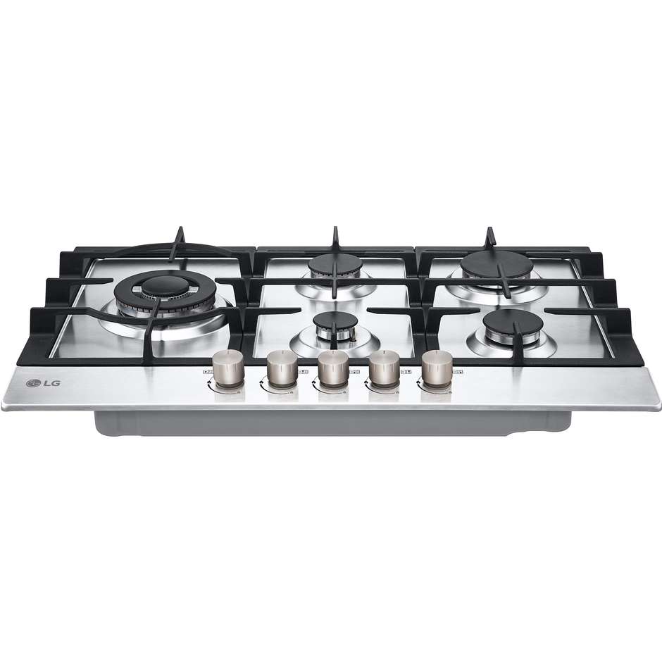 LG CBGZ3016S Piano Cottura a Gas 75 cm 5 Fuochi con Bruciatore Dual Wok Inox Griglie Ghisa Lavabili
