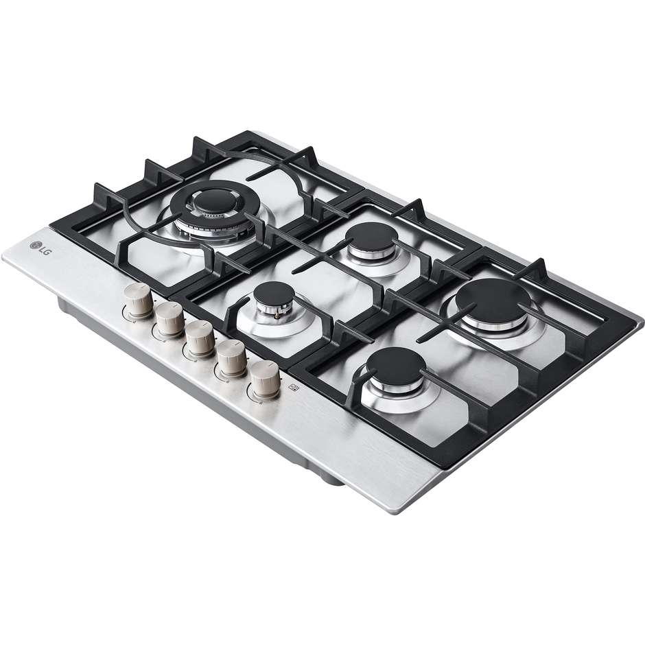LG CBGZ3016S Piano Cottura a Gas 75 cm 5 Fuochi con Bruciatore Dual Wok Inox Griglie Ghisa Lavabili