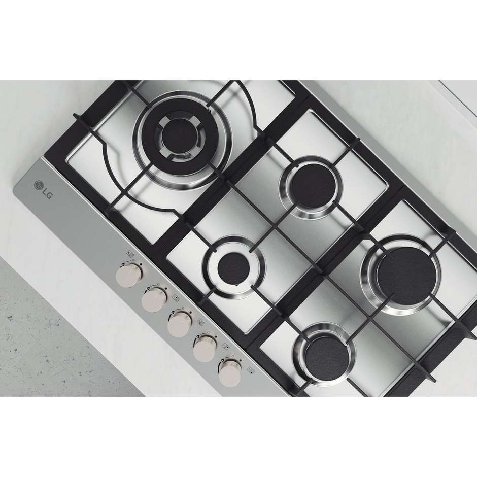 LG CBGZ3016S Piano Cottura a Gas 75 cm 5 Fuochi Griglie in Ghisa Acciaio Inox