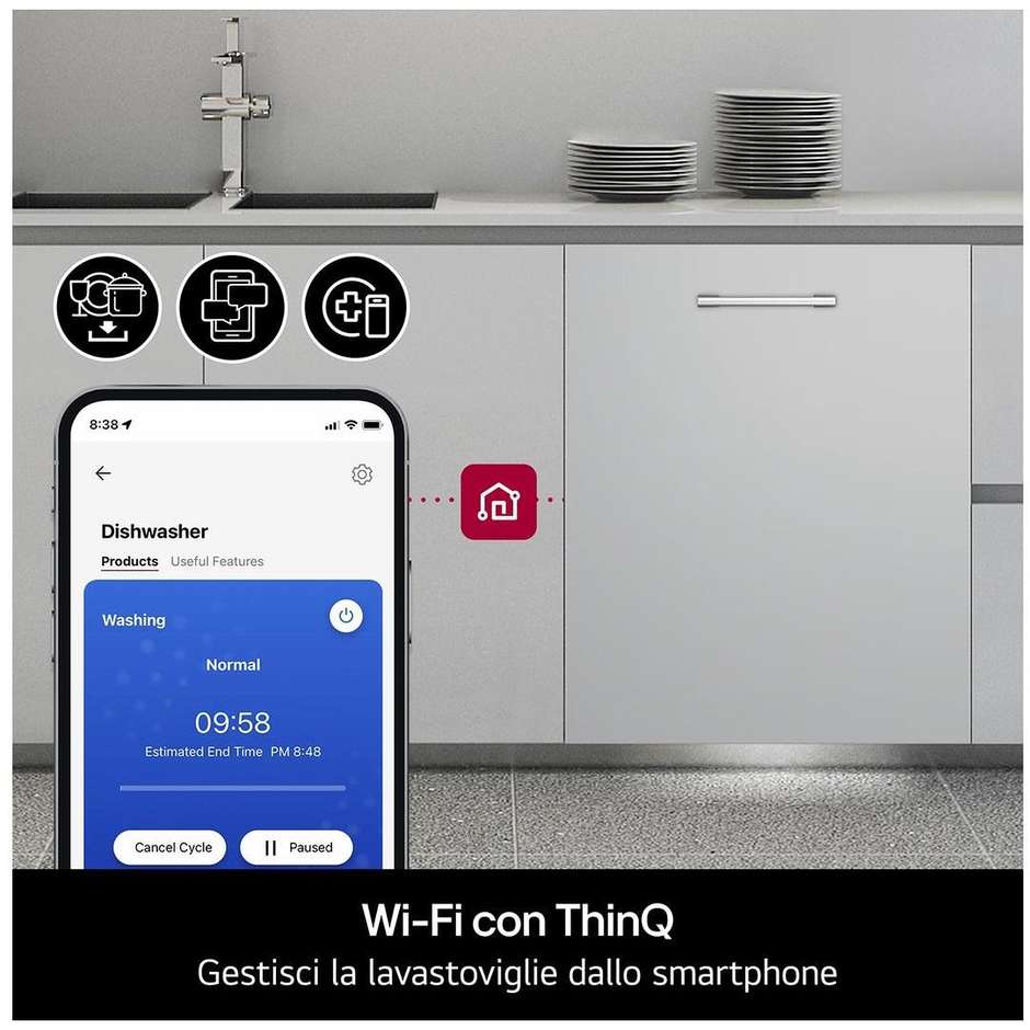 LG DB375TXS Lavastoviglie a Scomparsa Totale 60 cm 14 Coperti Classe A Vapore