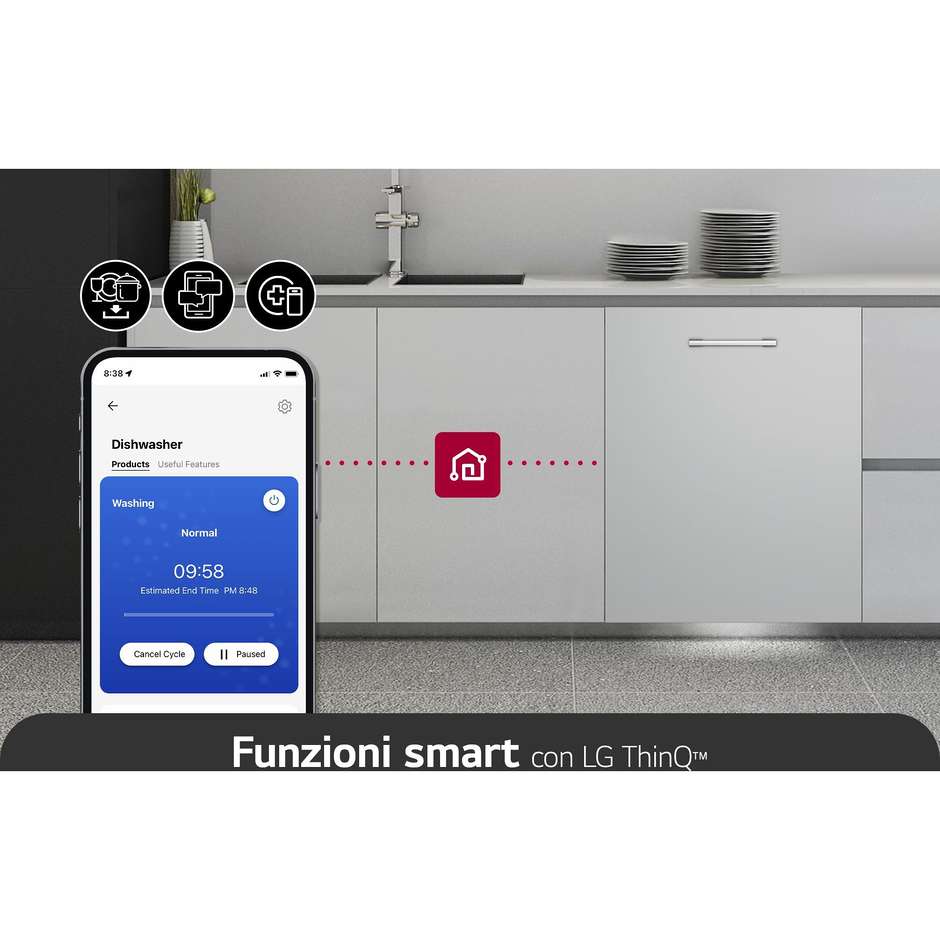 LG DB597TXS Lavastoviglie da Incasso a Scomparsa Totale 60 cm Standard 14 Coperti 10 Programmi Classe A 43 dB Cestelli Modulari