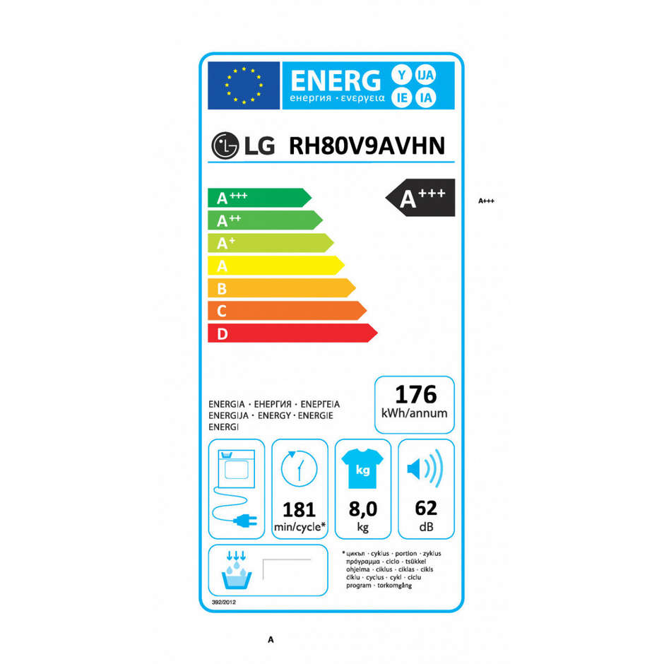 LG DUAL Inverter Heat Pump RH80V9AVHN Asciugatrice 8 kg Condensatore Autopulente Eco Hybrid 62 dB