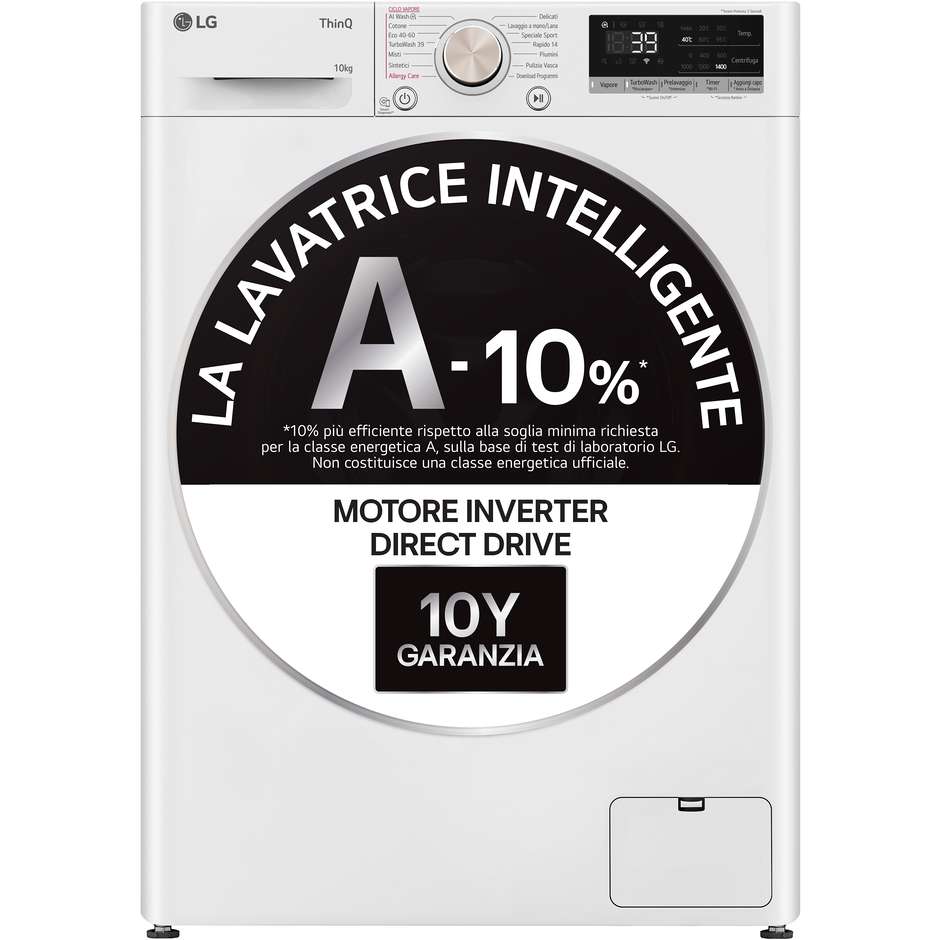 LG F4R7010TSWG lavatrice 10 kg 1400 giri, classe A, AI DD, TurboWash 360 e vapore