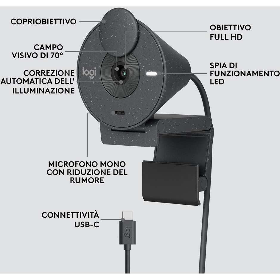 Logitech Brio 300 (960-001436) Webcam Full HD 1080p USB-C con Otturatore Privacy Grafite