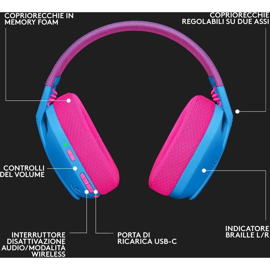 Logitech G435 LIGHTSPEED (981-001062) Cuffie Gaming Wireless Bluetooth Ultraleggere 165g Blu e Lampone