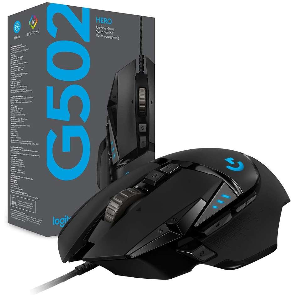 Logitech G502 HERO Mouse Gaming ad Alte Prestazioni Sensore HERO 25K fino a 25600 DPI 11 Pulsanti Programmabili Pesi Regolabili RGB - Nero (910-005471)