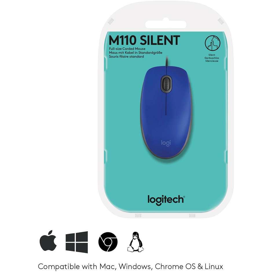 Logitech M110 SILENT Mouse ergonomico cablato USB colore blu