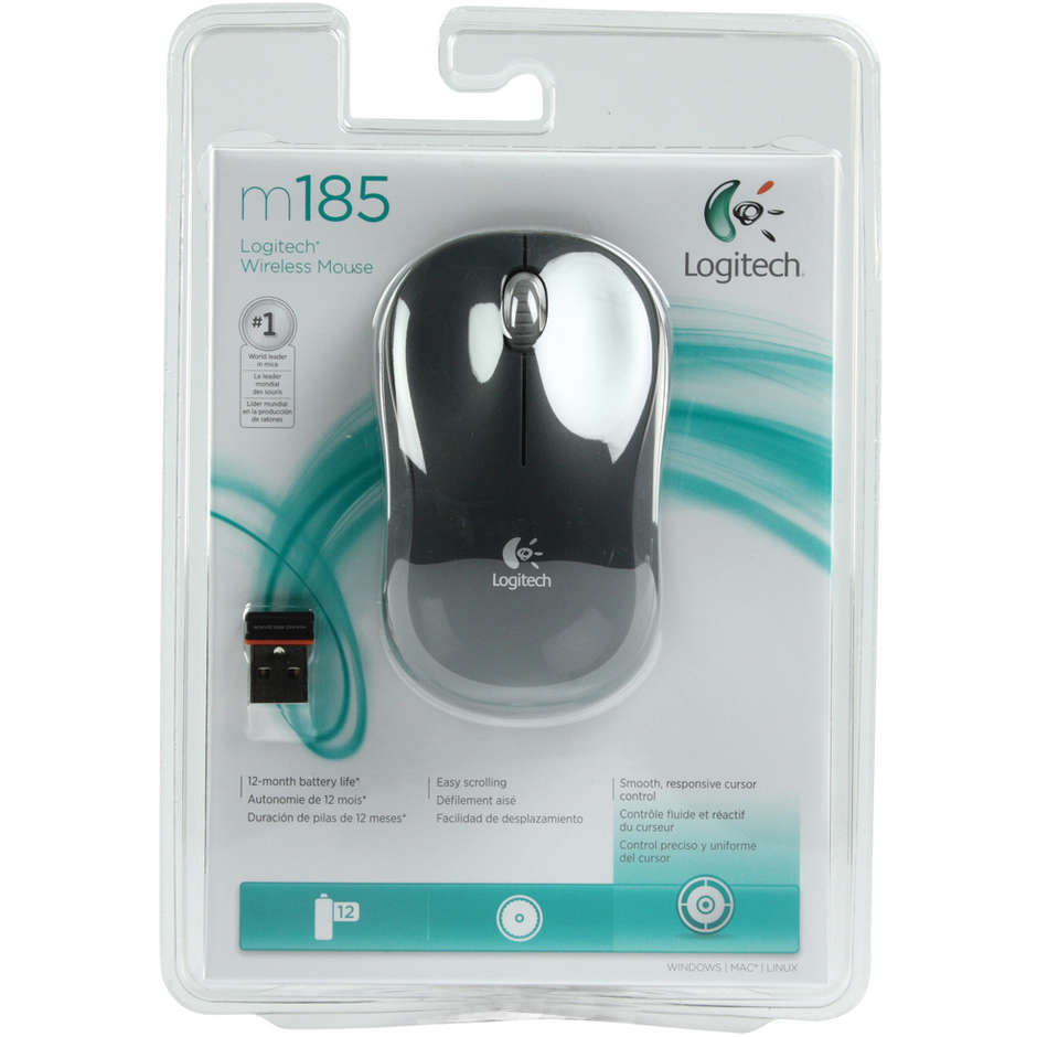 Logitech M185 Wireless Mouse con Ricevitore USB Nano 2.4GHz Ambidestro 1000 DPI Autonomia 12 Mesi - Grigio e Nero (910-002235)