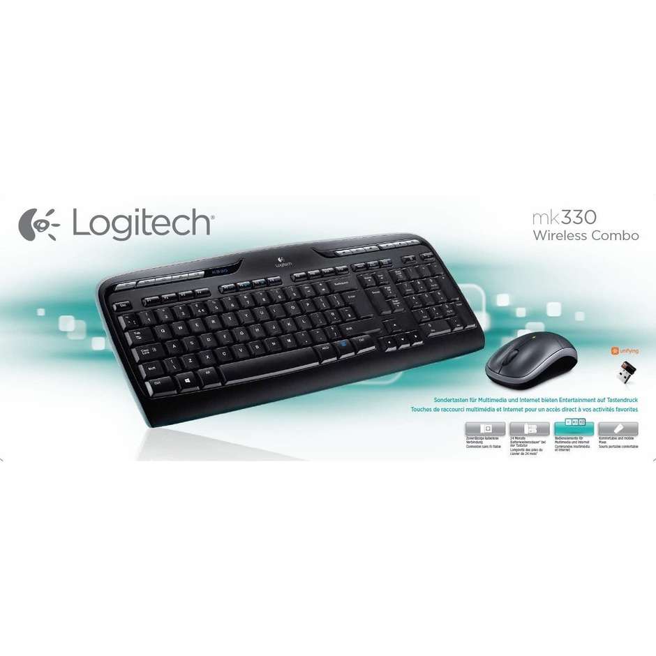 Logitech MK330 Combo Kit Tastiera Wireless con 11 Tasti Multimediali e Mouse Portatile con Ricevitore USB Unifying 2.4GHz Layout Italiano - Nero (920-003995)