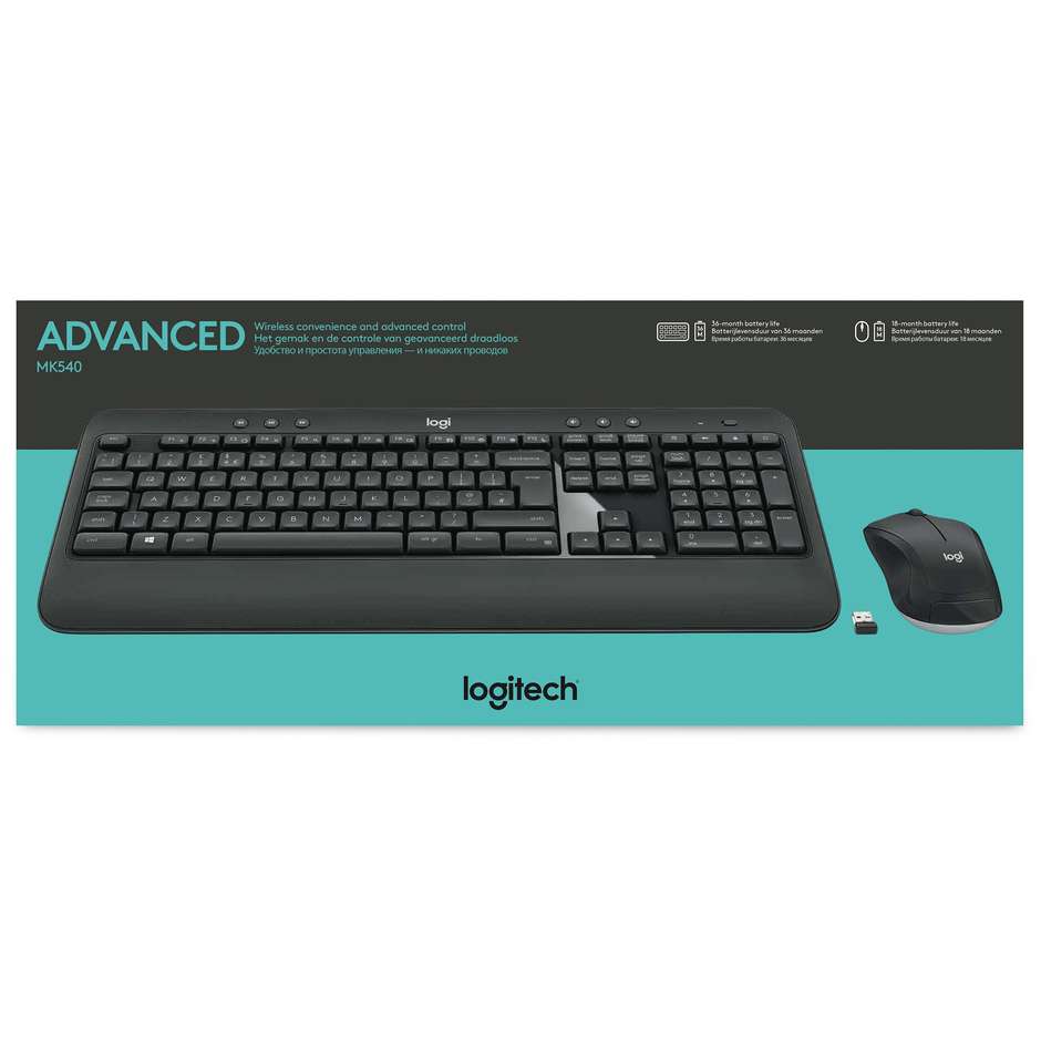 Logitech MK540 Advanced Kit Tastiera con Poggiapolsi e Mouse Sagomato Wireless QWERTY Italiano Nero