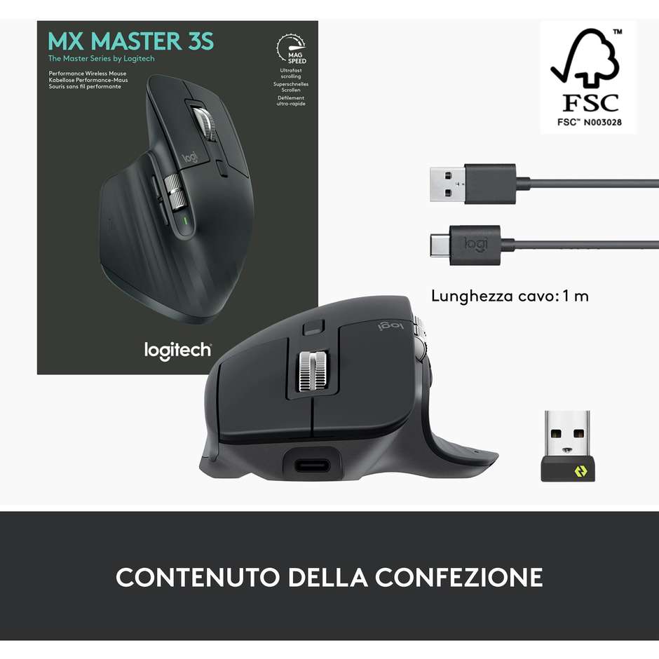 Logitech MX Master 3S (910-006559) Mouse Wireless Professionale Sensore 8000 DPI Quiet Clicks Grafite