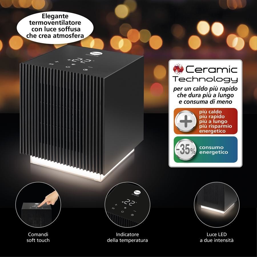 Macom 931 Termoventilatore Ceramico da Tavolo 2000 W con Comandi Touch, Timer 24h e Display LED - Nero