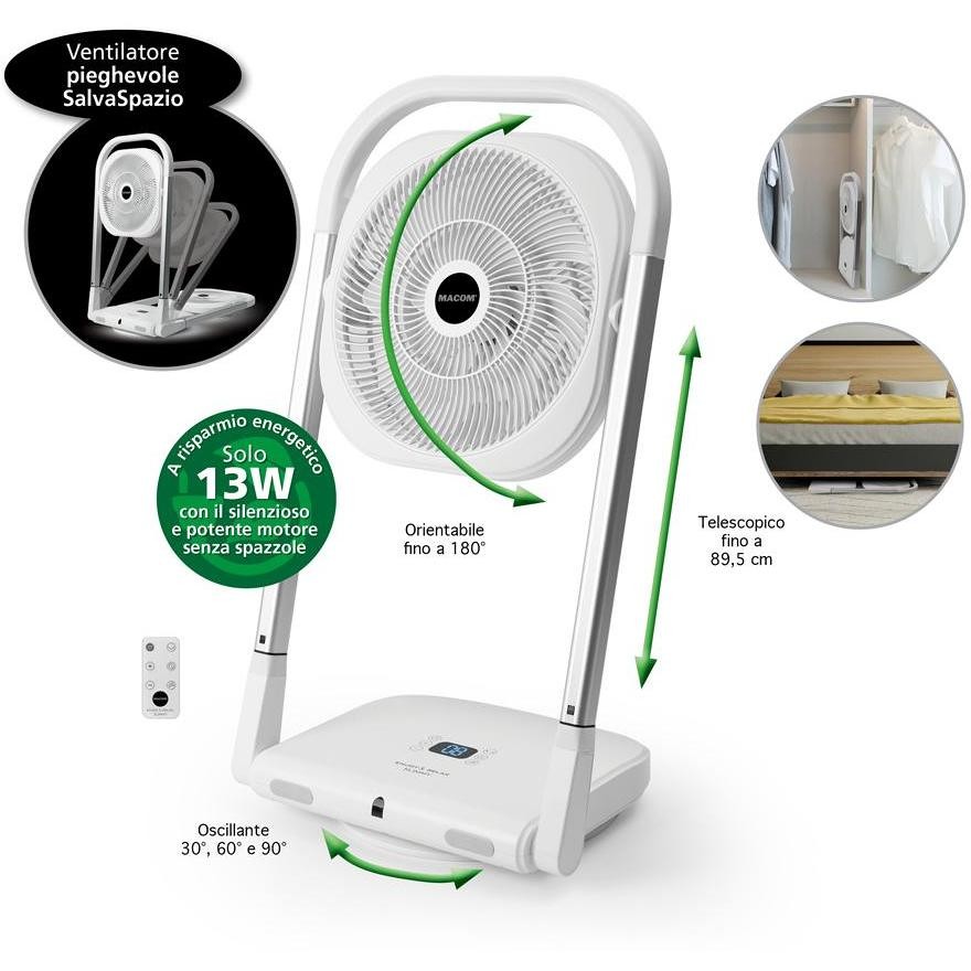 MACOM Enjoy & Relax 986 Slimmy Potente Ventilatore Pieghevole SalvaSpazio 9 velocità e TLC Potenza 13 watt Colore Bianco