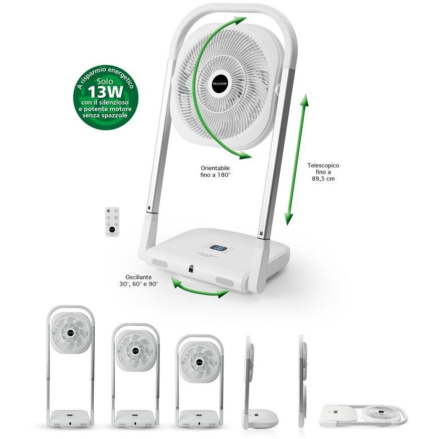 MACOM Enjoy & Relax 986 Slimmy Potente Ventilatore Pieghevole SalvaSpazio 9 velocità e TLC Potenza 13 watt Colore Bianco