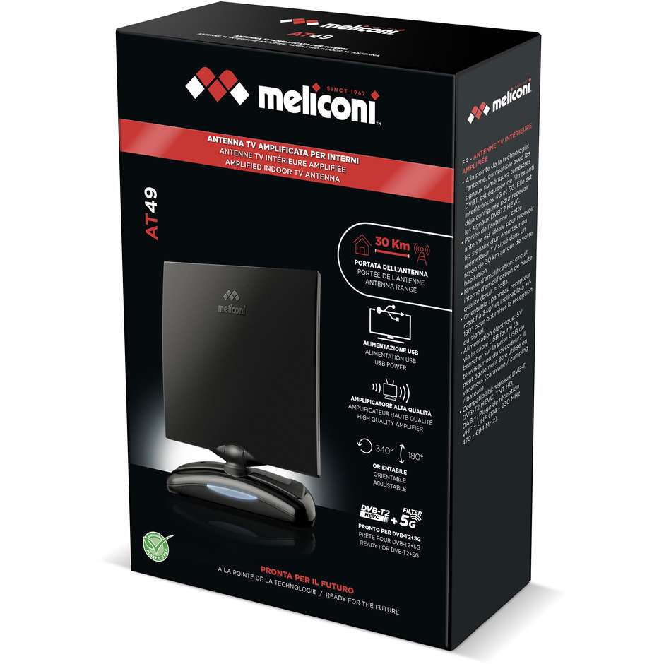 Meliconi AT49 R1 USB antenna TV da interni DVB-T2 con filtri 4G e 5G