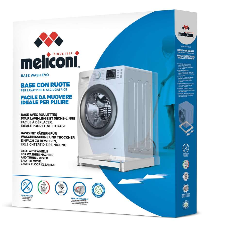 Meliconi Base Wash Evo 656146 Carrello Supporto Antivibrazione con Ruote e Freni per Lavatrice Max 250kg Bianco
