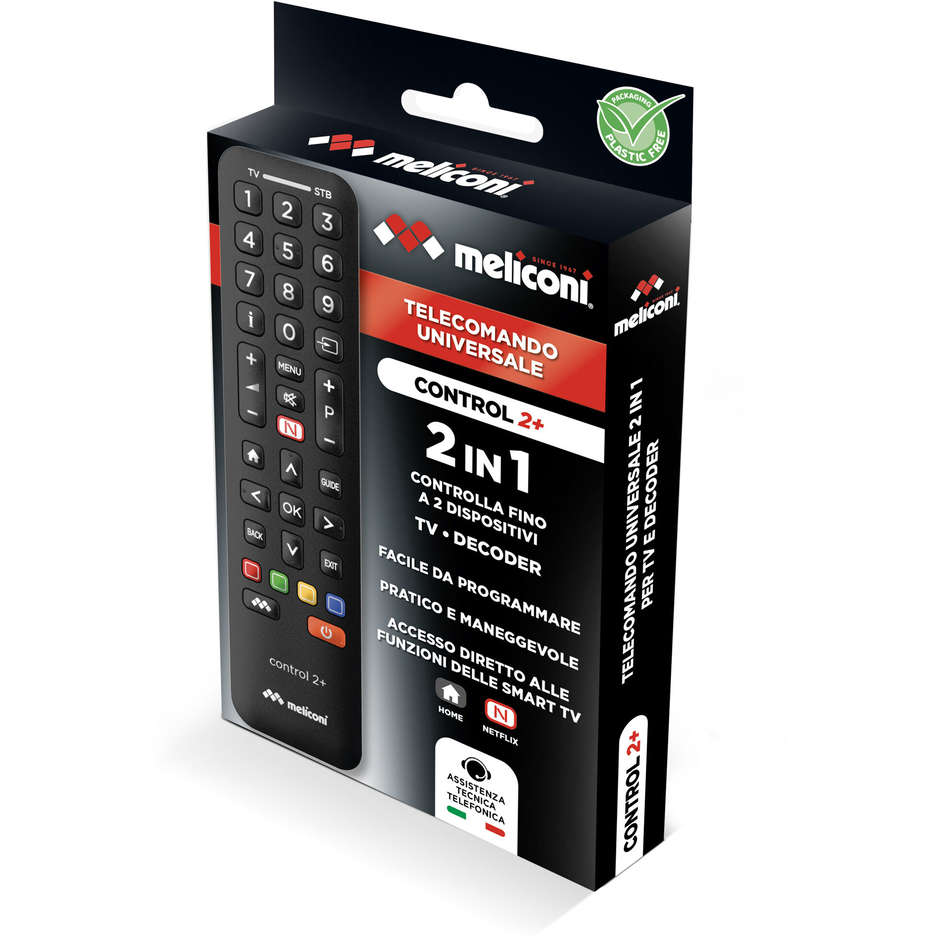 MELICONI CONTROL2+ Telecomando Universale Preprogrammato per TV e Dispositivi Multimediali Colore Black