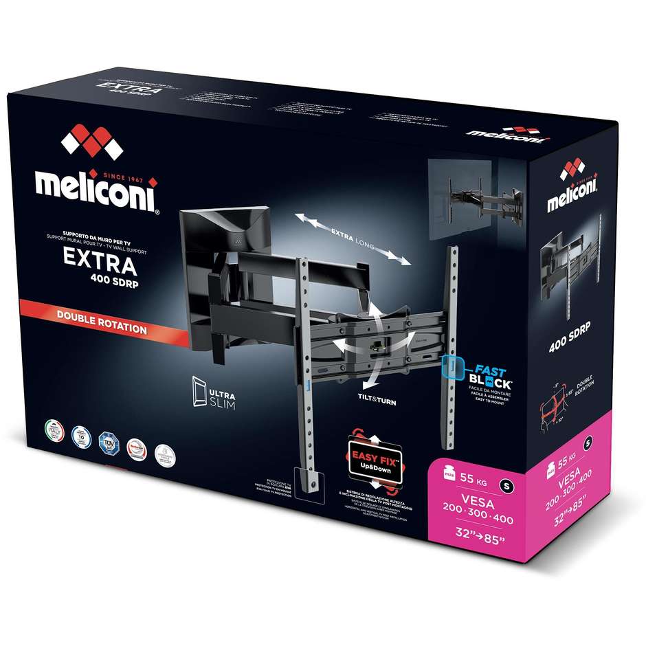 Meliconi Extra 400SDRP Plus Supporto TV a Parete Orientabile 32"-85" VESA 400x400 55kg Nero