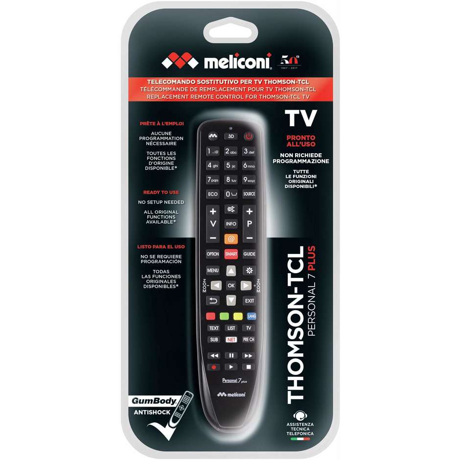 Meliconi Gumbody Personal 7 Plus Telecomando Universale TV TCL/Thomson Nero