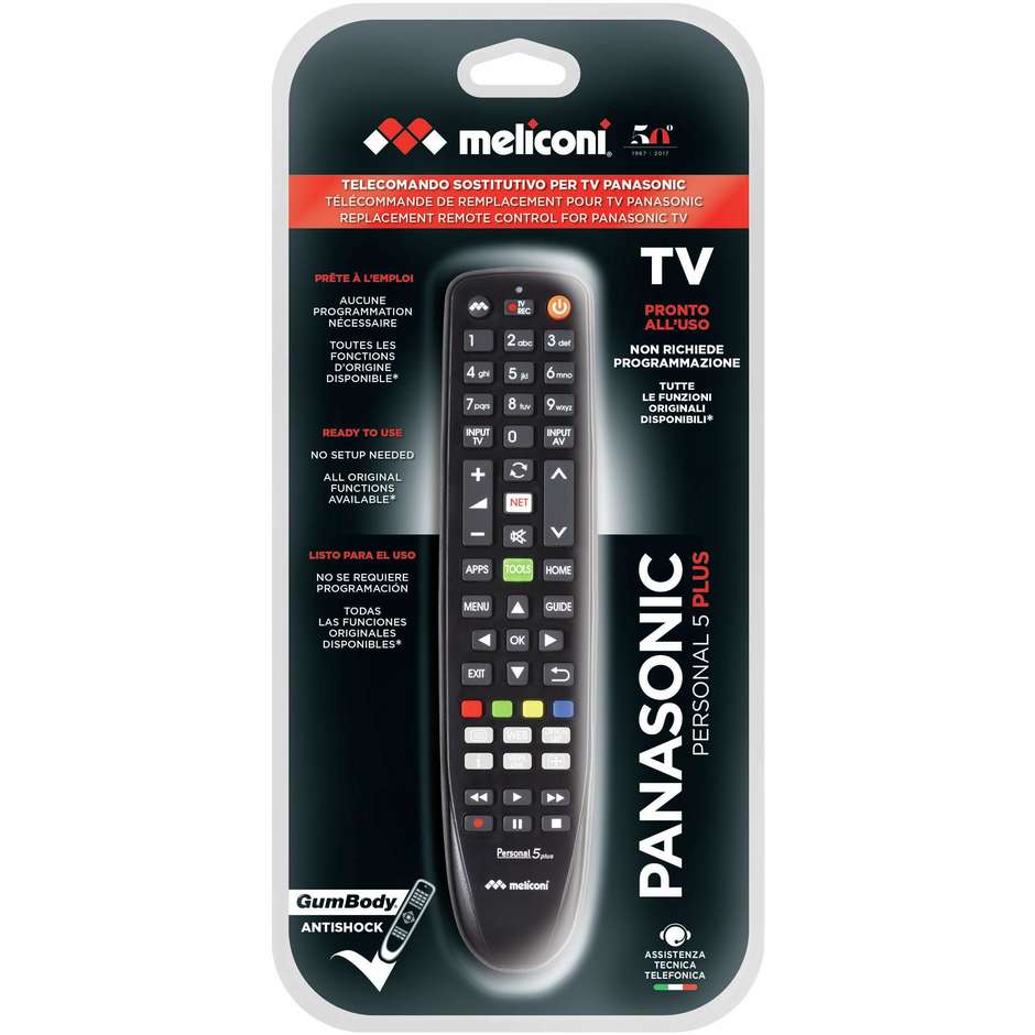 Meliconi PERSONAL5+ Telecomando Sostitutivo per TV Panasonic IR Nero