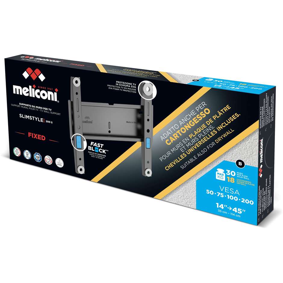 Meliconi PLUS 200S 480956 Supporto TV a Parete Fisso 14"-45" VESA 200x200 30kg Nero