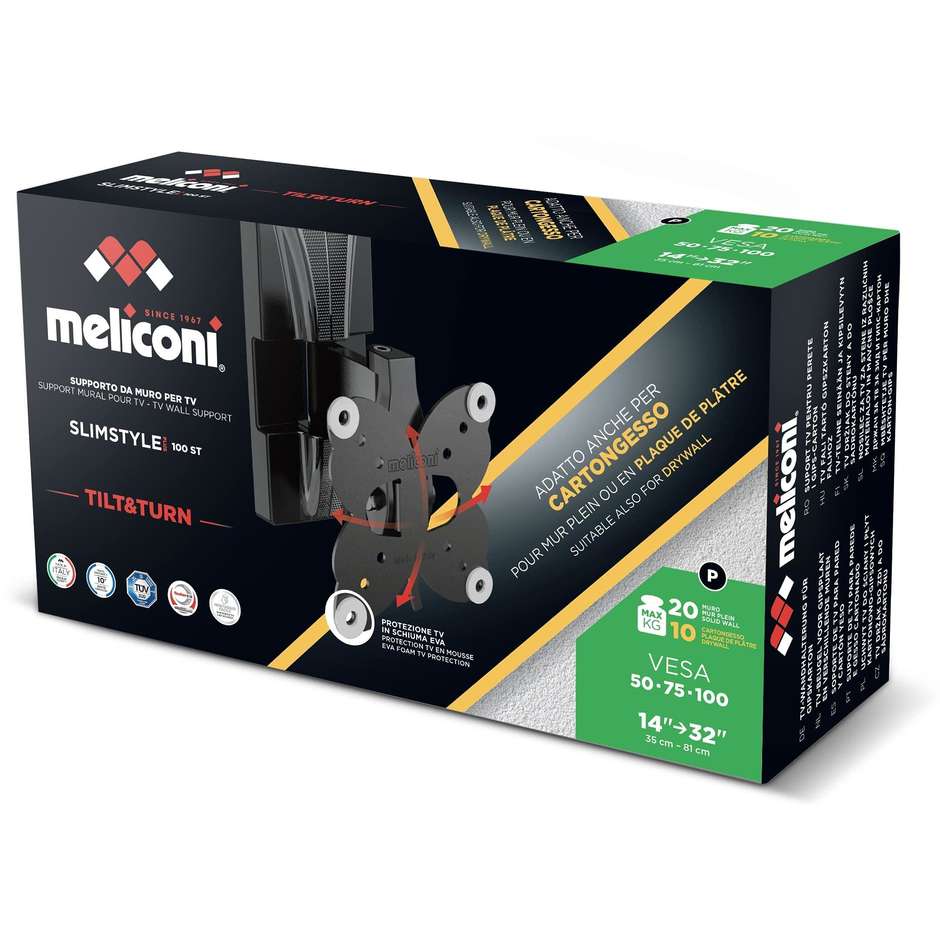 Meliconi SLIMSTYLE PLUS 100 ST CG Supporto TV Parete 14"-32" VESA 100x100 20kg Nero