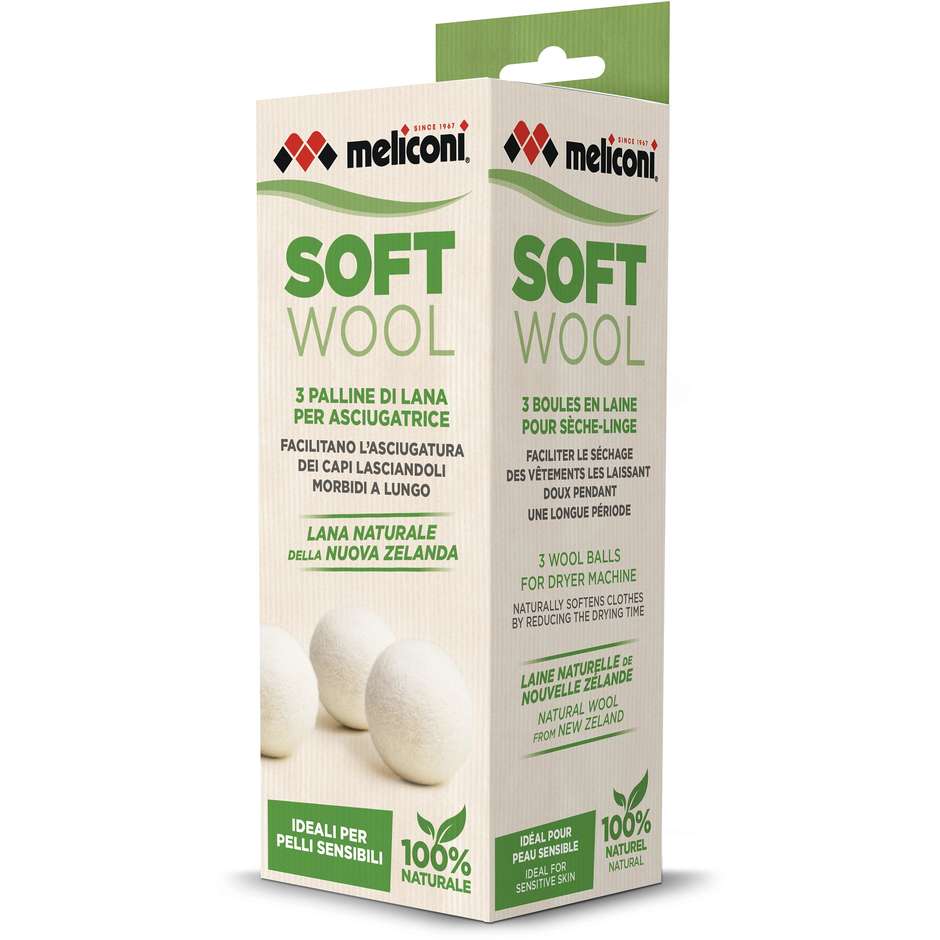 Meliconi Soft Wool 621026 Set 3 Palline per Asciugatrice in Lana Naturale 100% Diametro 7 cm