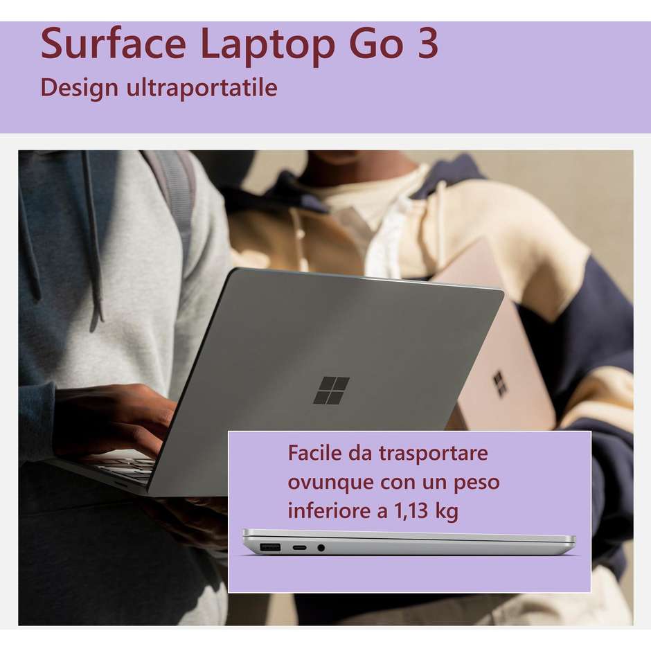 Microsoft Surface Go 3 Notebook 12.45" Ram 8 GB Memoria 256 GB Windows 11 Home Colore Platino