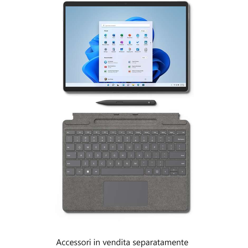 Microsoft Surface Pro 8 Notebook 13" HD Intel Core i5-1135G7 Ram 8 Gb SSD 128 Gb Windows 11 Home Colore Platino